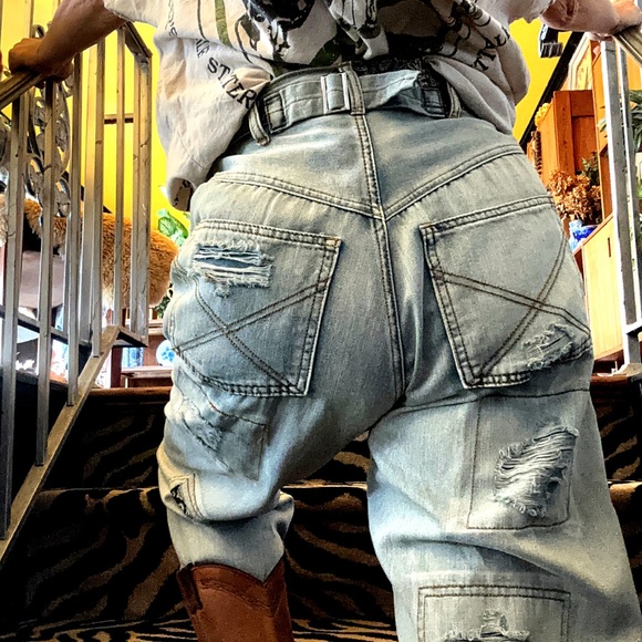 NEW 100% cotton shabby patchy farm worker jeans lagenlook boho patchwork denim - Picture 11 of 12